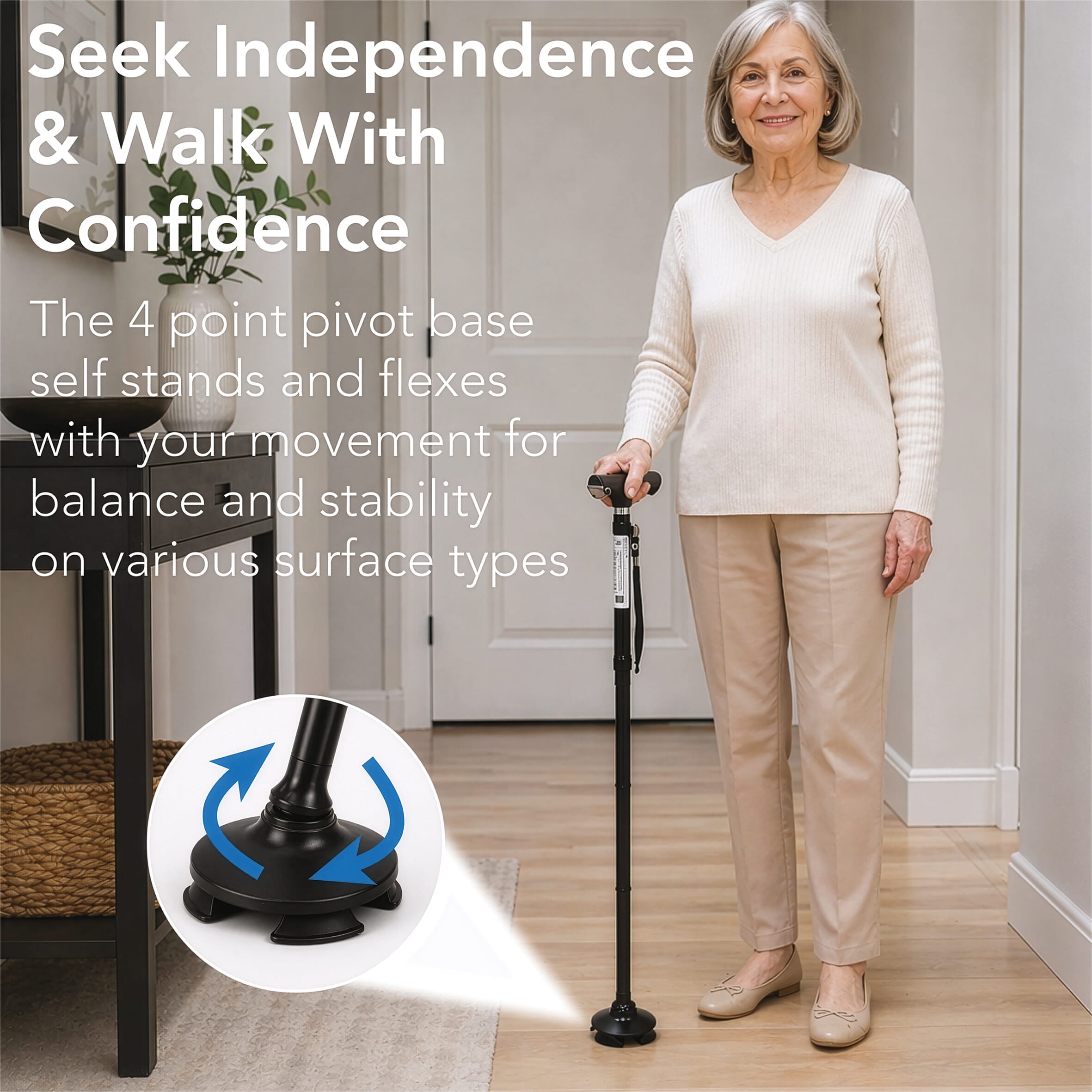 folding walking stick with torch pivot base