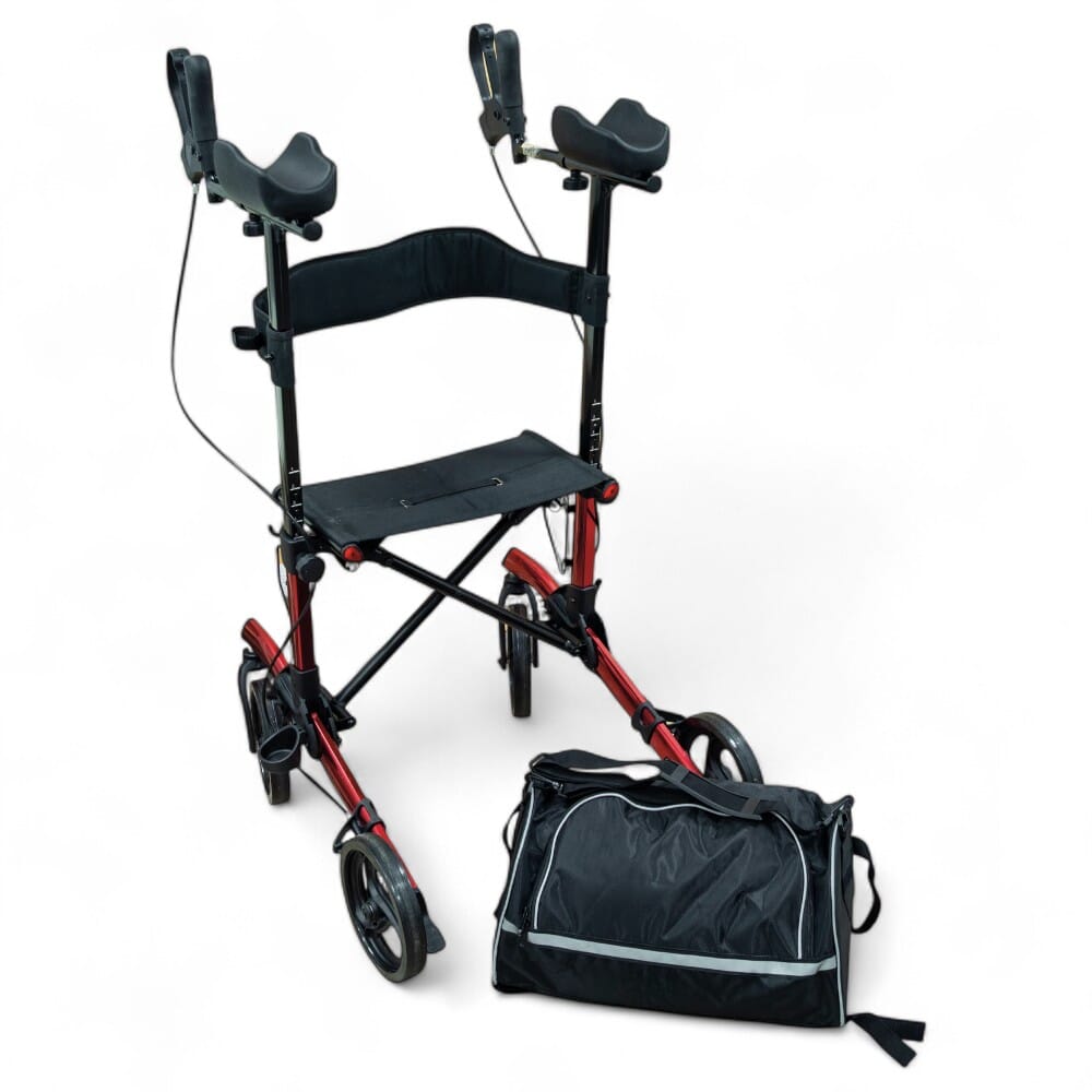 forearm four wheeled rollator red bag detached