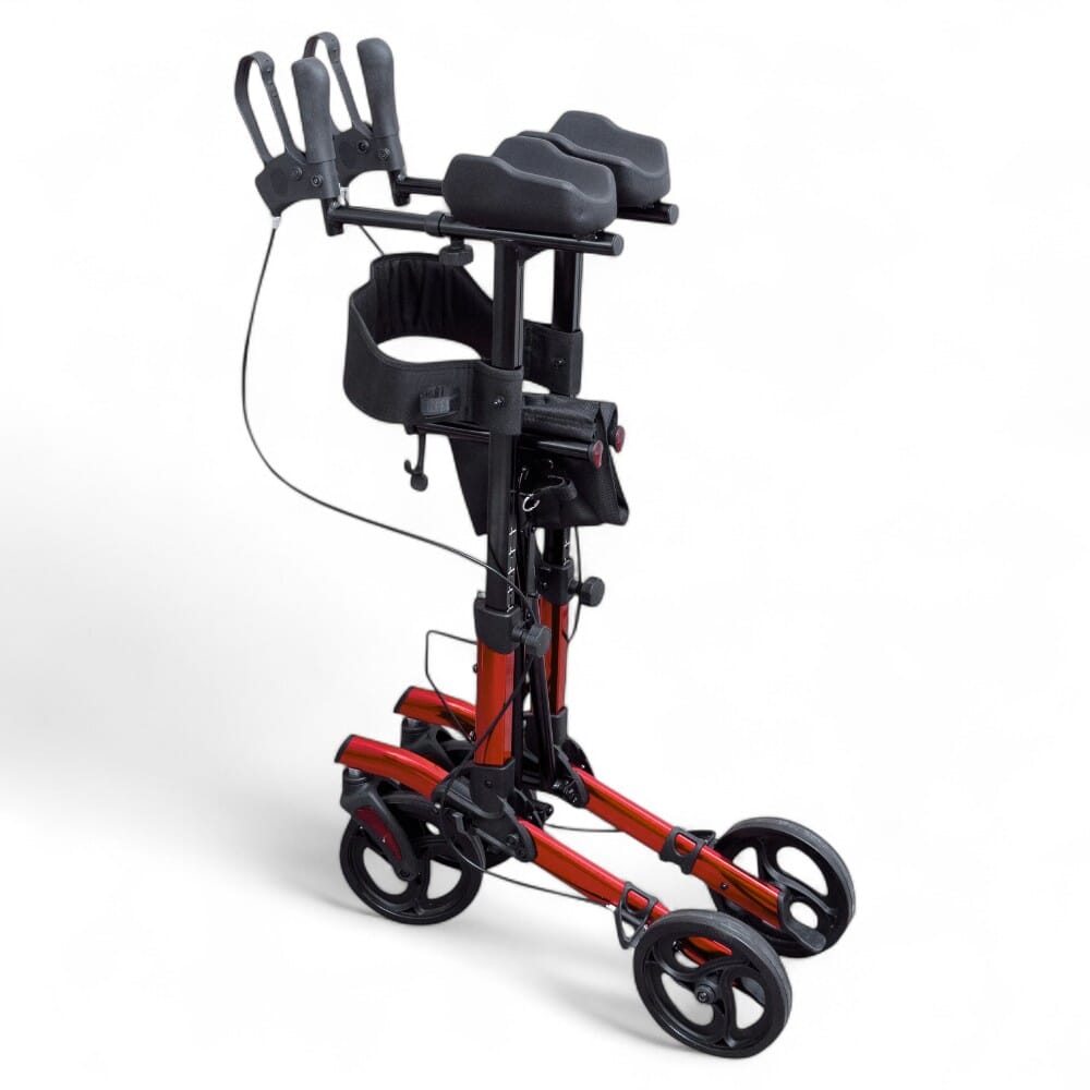 forearm four wheeled rollator red folded