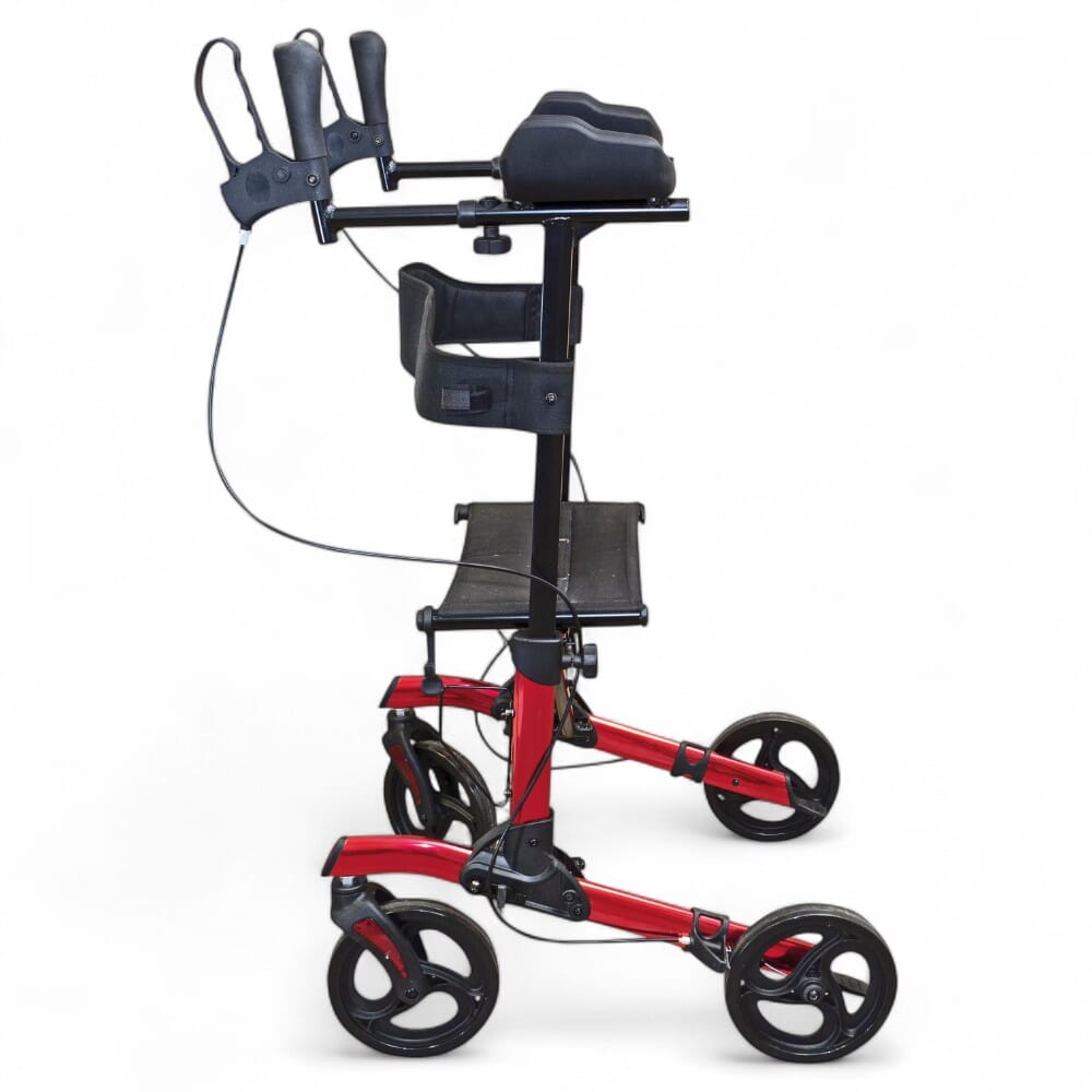 forearm four wheeled rollator red side view