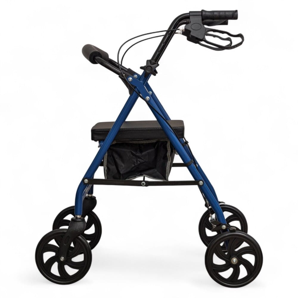 four wheeled rollator with bag blue side