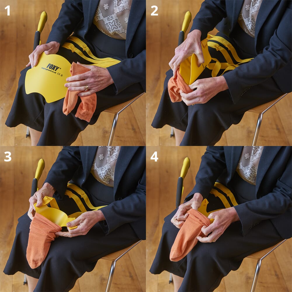 foxy sock and stocking aid showing prepping a sock