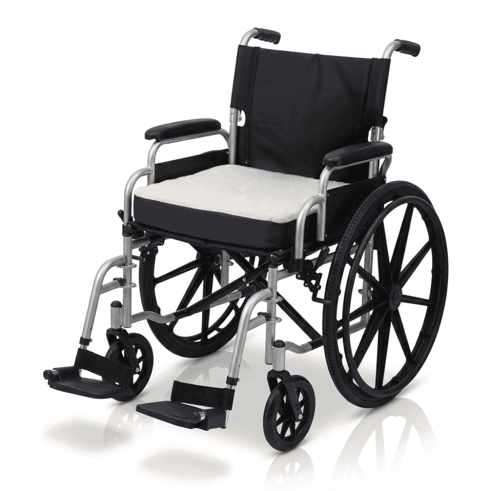 gel comfort wheelchair cushion on wheelchair