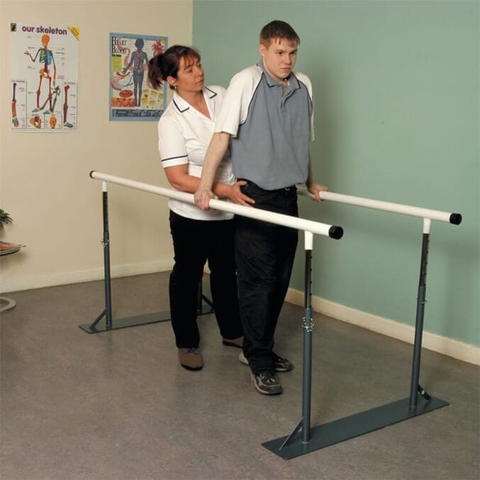 height adjustable parallel walking bars in action