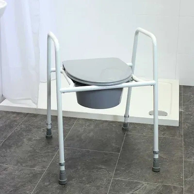 height adjustable toilet frame and seat lid down