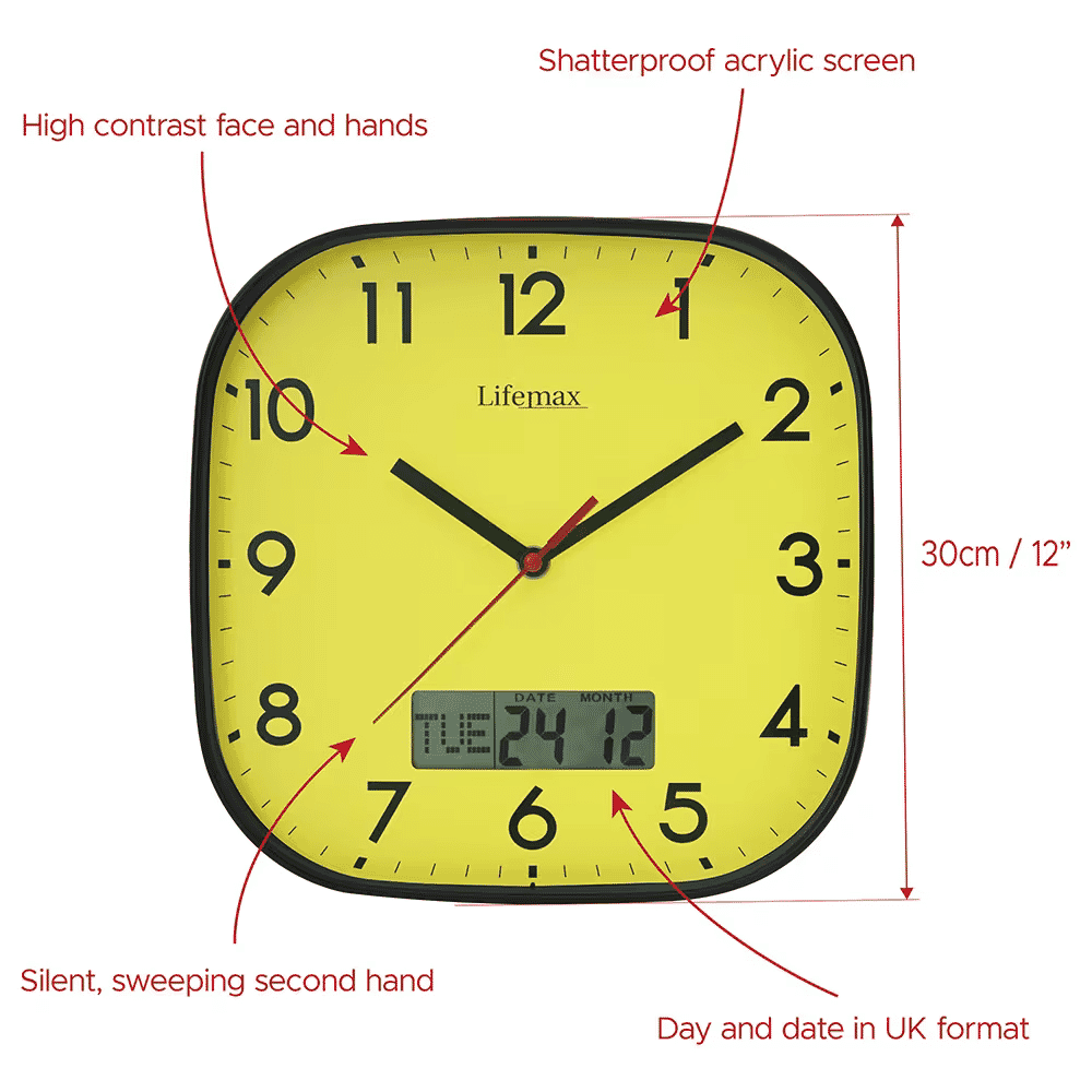 high contrast day and date wall clock dimensions