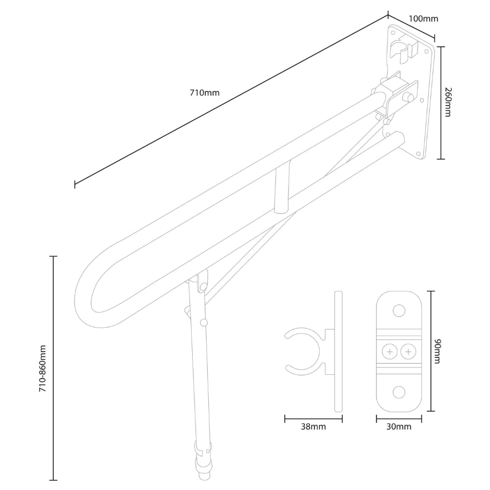 hinged arm toilet support rail dimensions