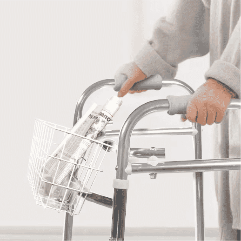 hook attach walker basket in use