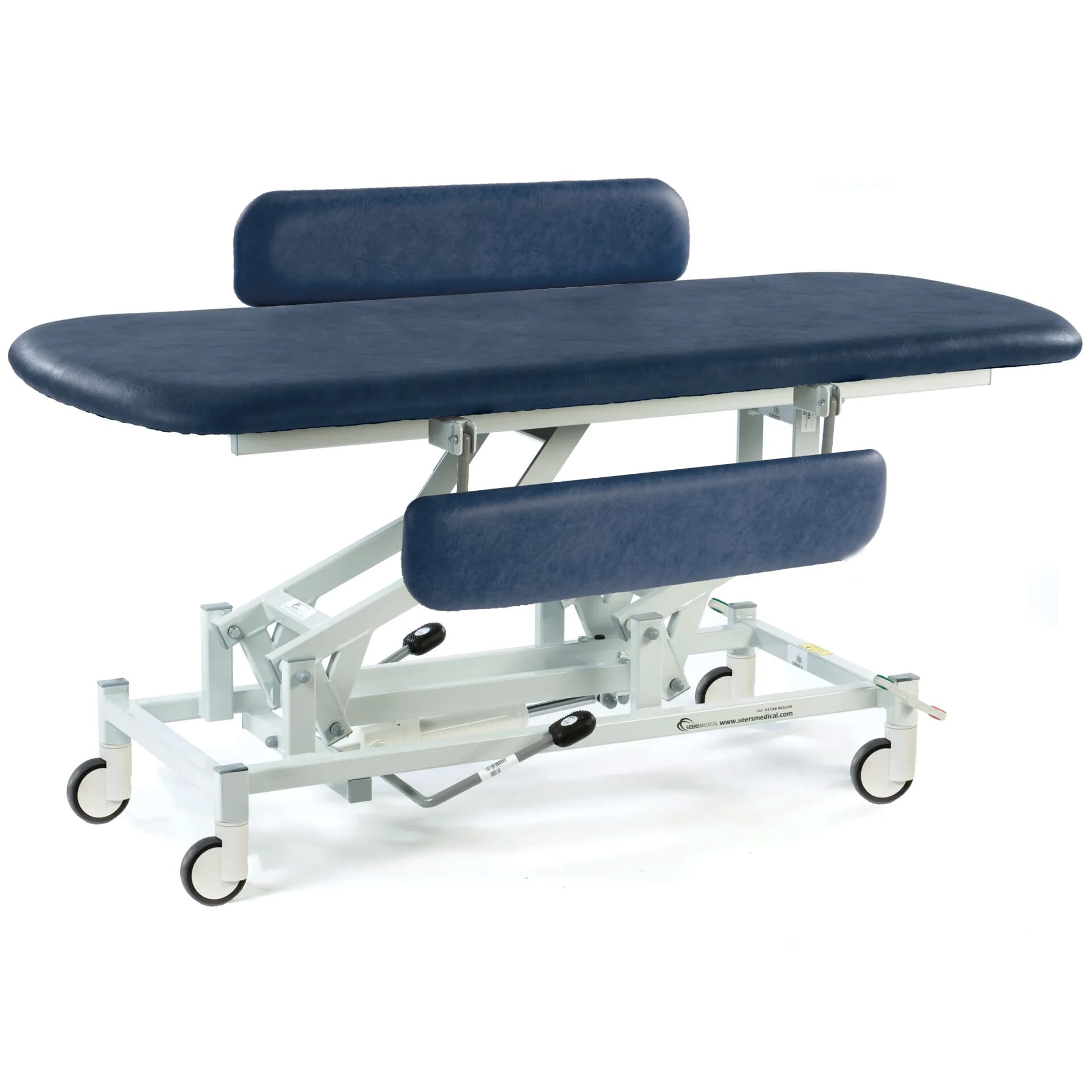 hydraulic changing table with large wheels dark blue padded 1520mm