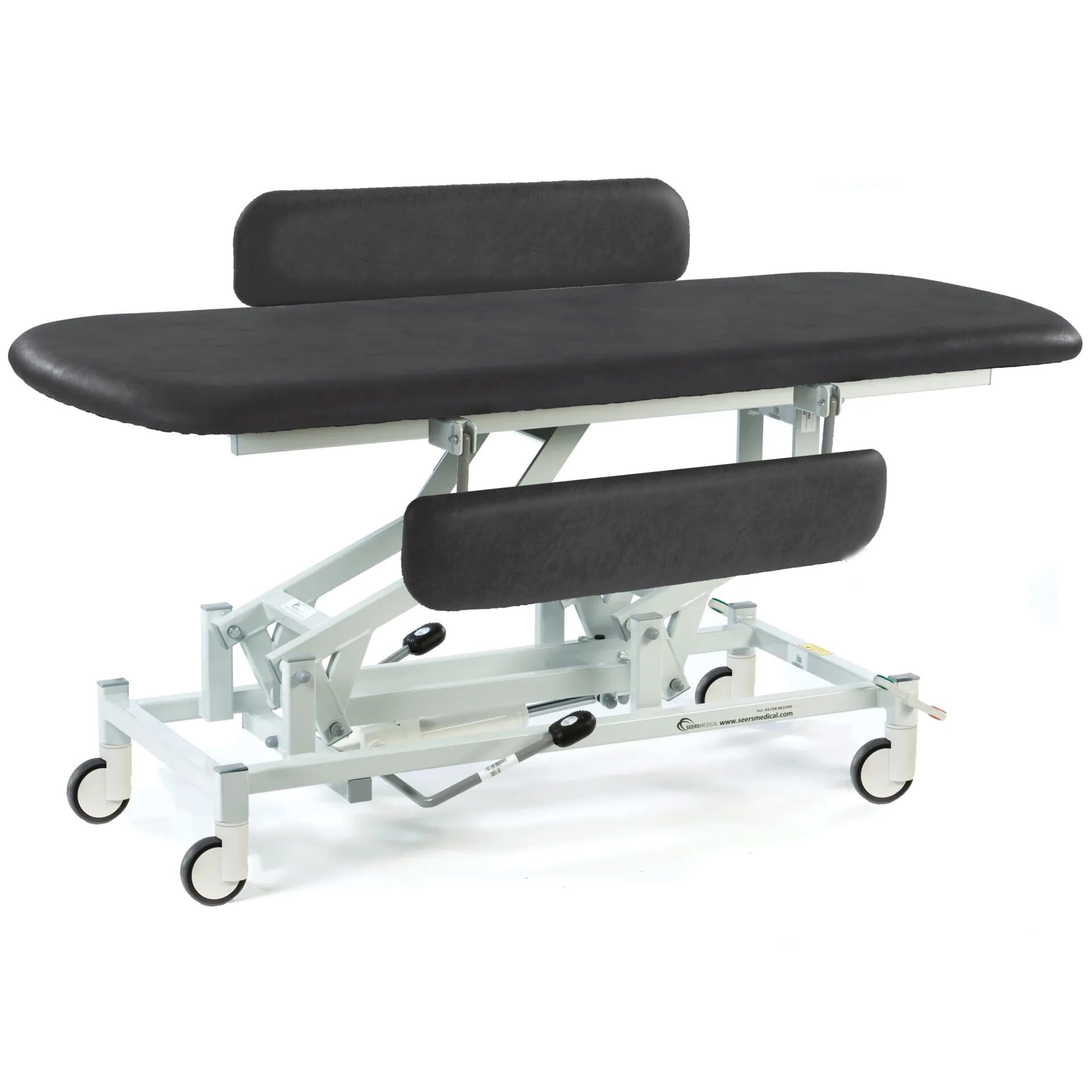 hydraulic therapy hygiene table with central locking wheels and padded side rails black