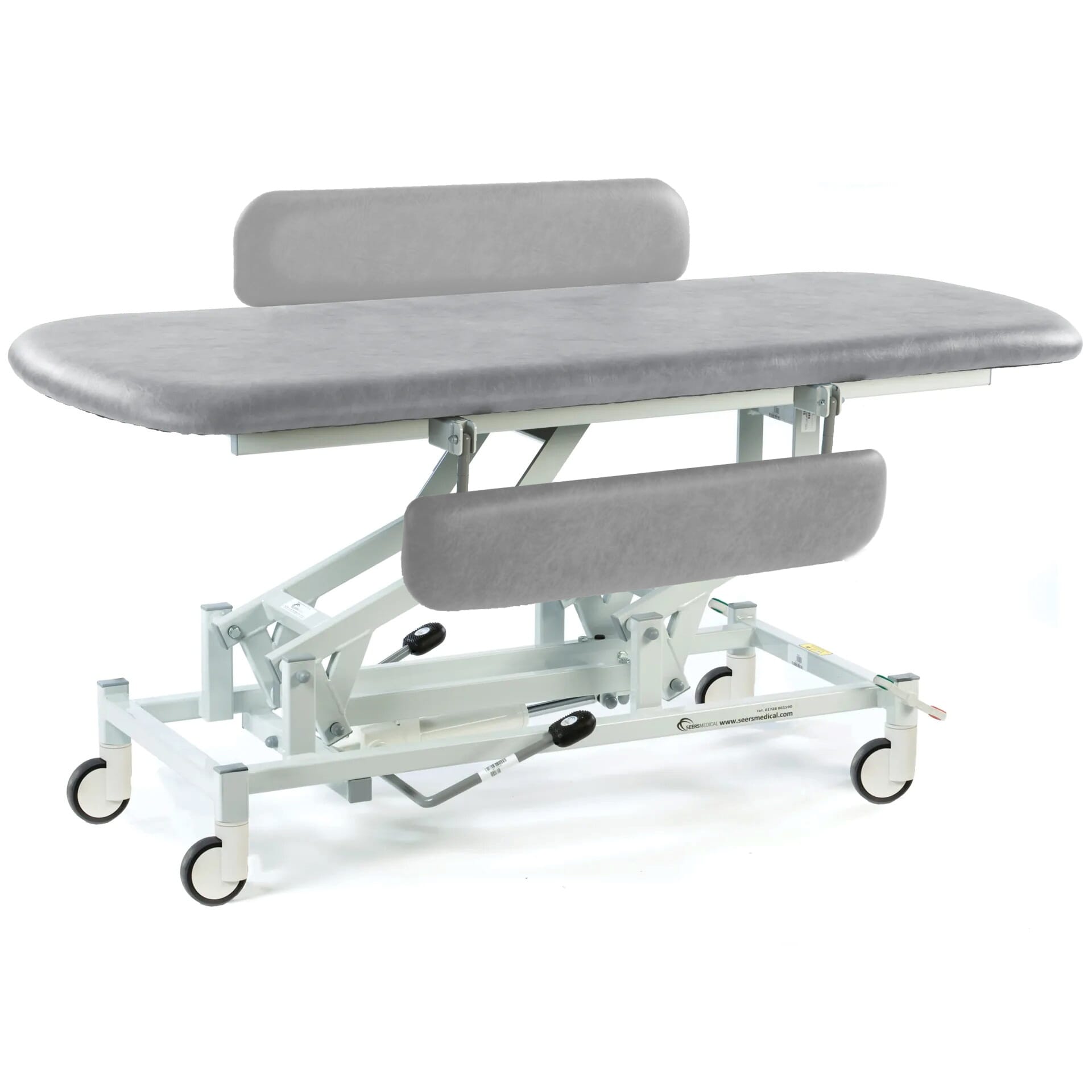 hydraulic therapy hygiene table with central locking wheels and padded side rails light grey
