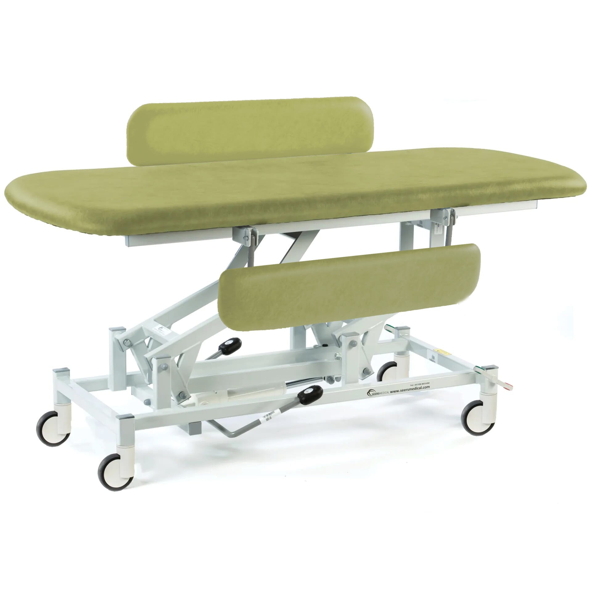 hydraulic therapy hygiene table with central locking wheels and padded side rails olive