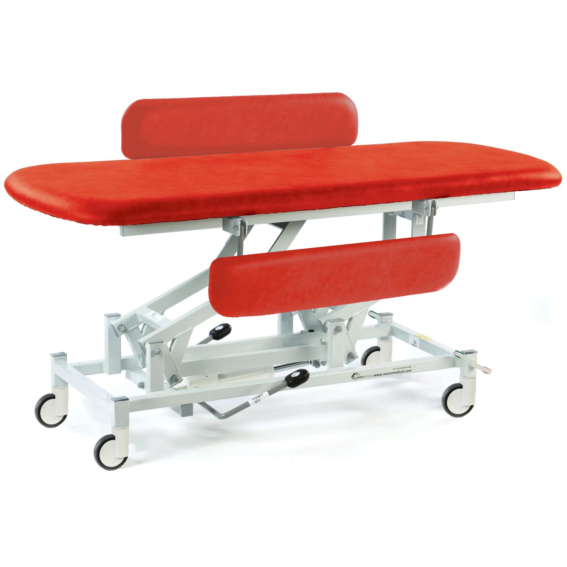 hydraulic therapy hygiene table with central locking wheels and padded side rails red