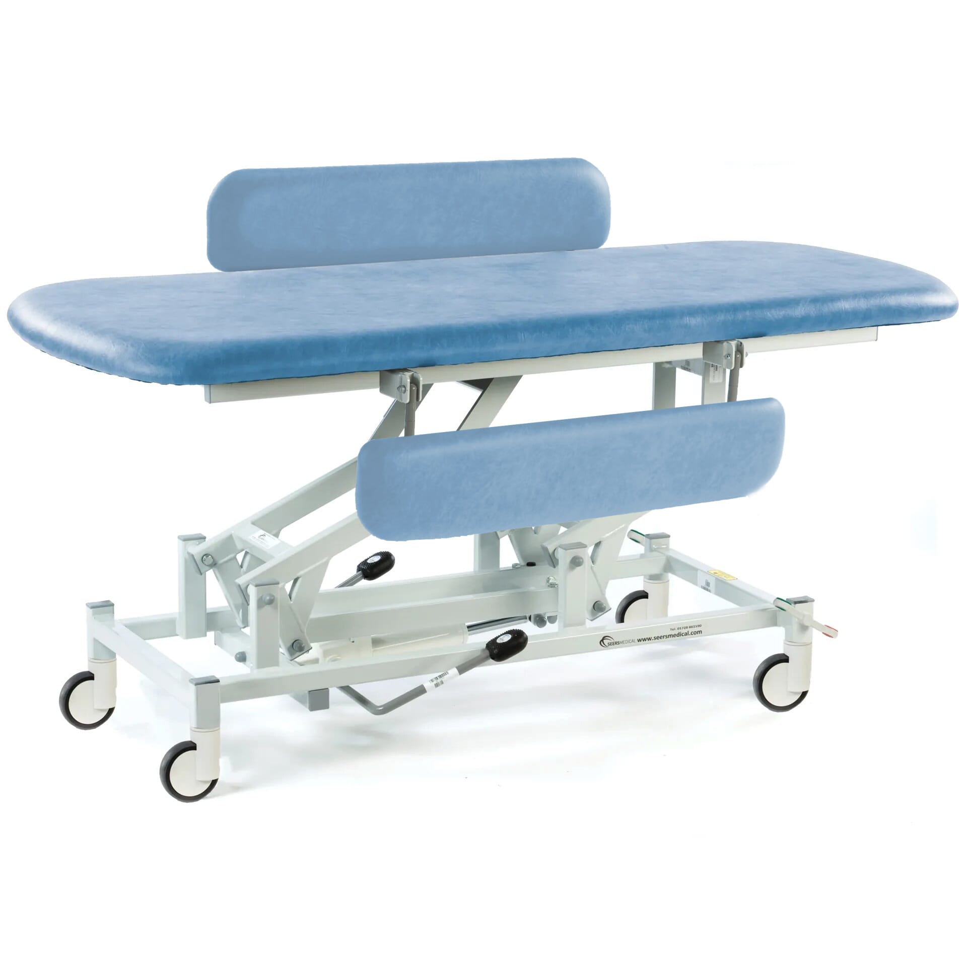 hydraulic therapy hygiene table with central locking wheels and padded side rails sky blue