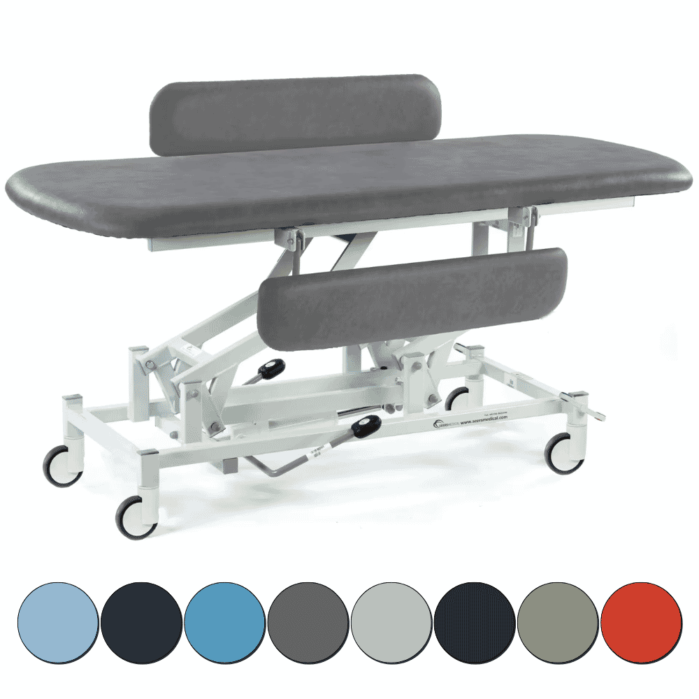Hydraulic Therapy Hygiene Table with Central Locking Wheels and Padded Side Rails