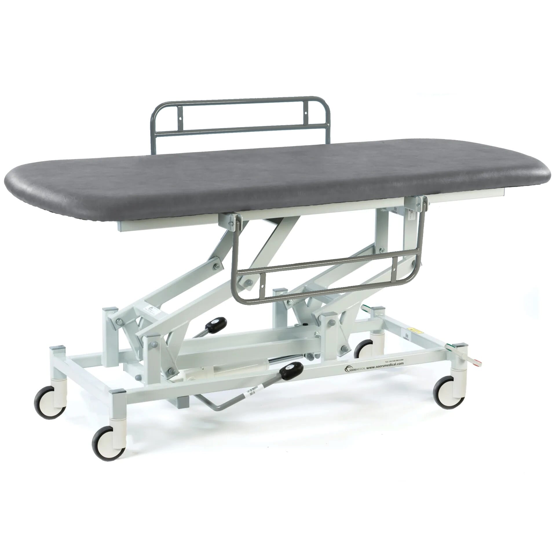 hydraulic therapy hygiene table with central locking wheels and side rails dark grey