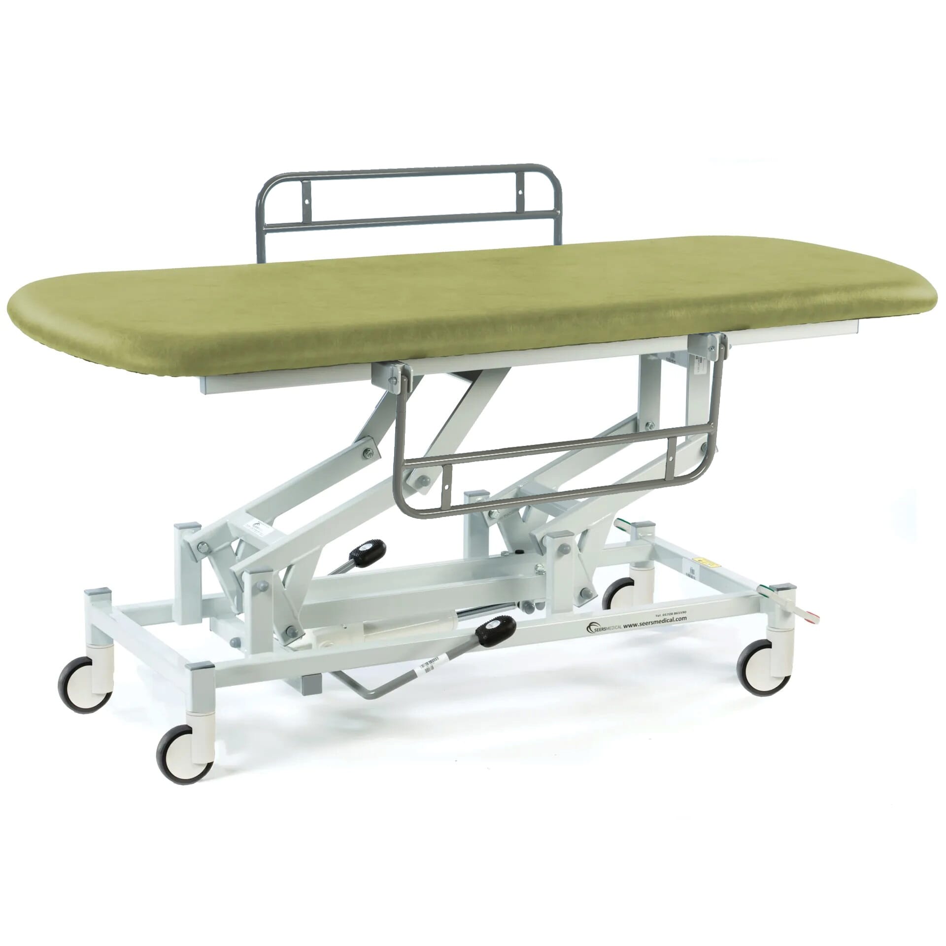 hydraulic therapy hygiene table with central locking wheels and side rails olive