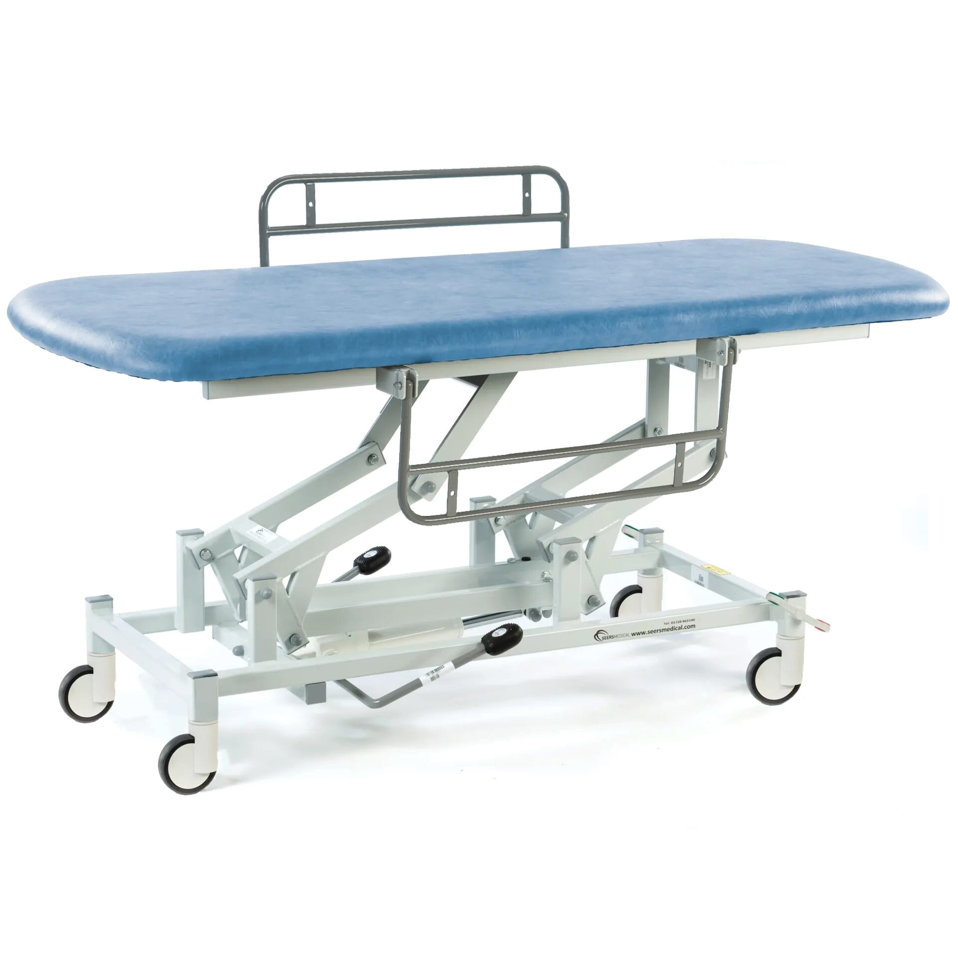 hydraulic therapy hygiene table with central locking wheels and side rails sky blue