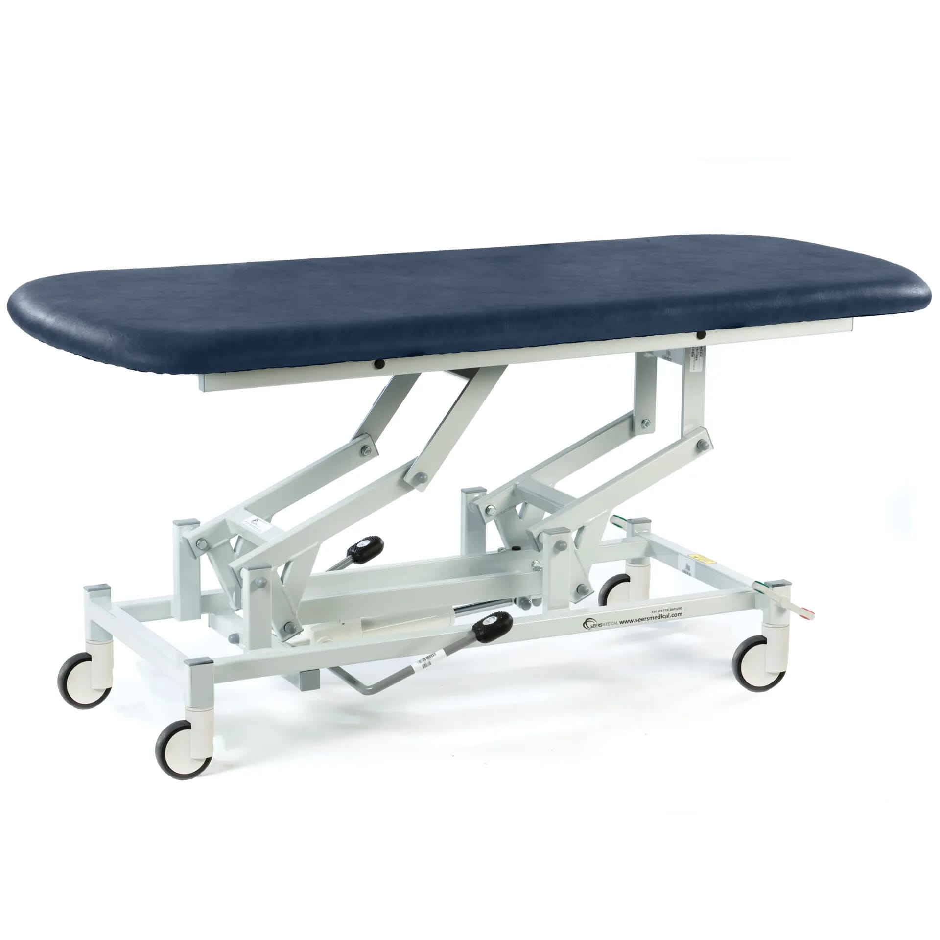 hydraulic therapy hygiene table with central locking wheels dark blue