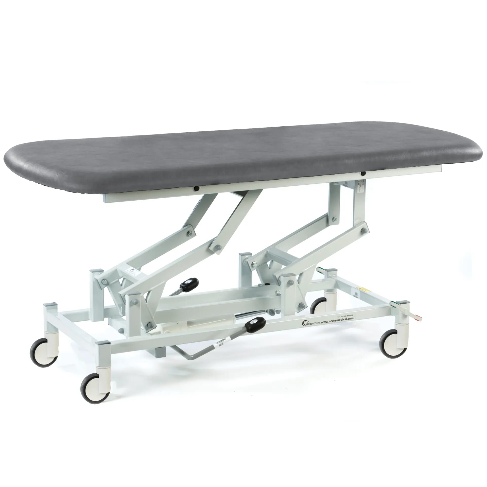 hydraulic therapy hygiene table with central locking wheels dark grey