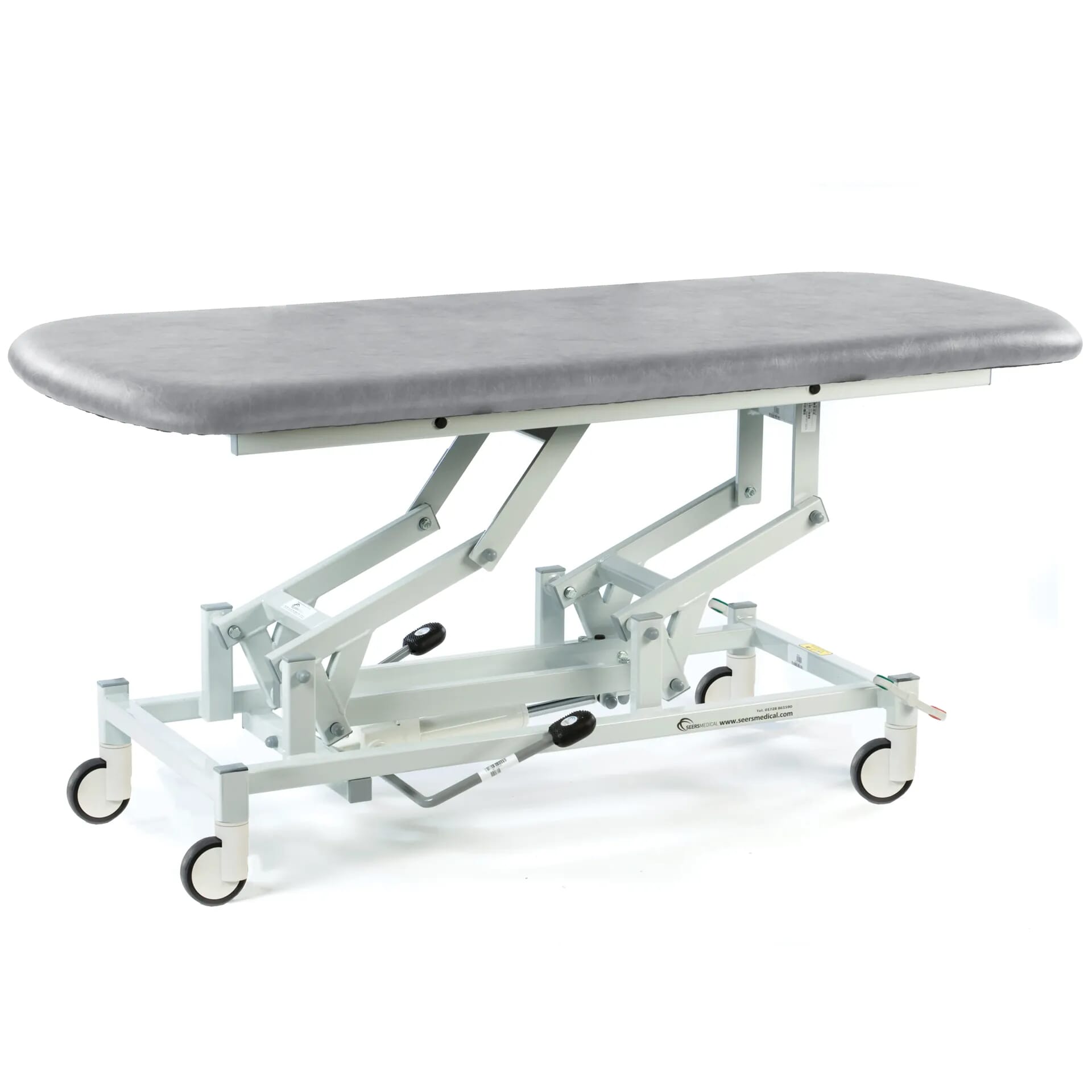 hydraulic therapy hygiene table with central locking wheels light grey