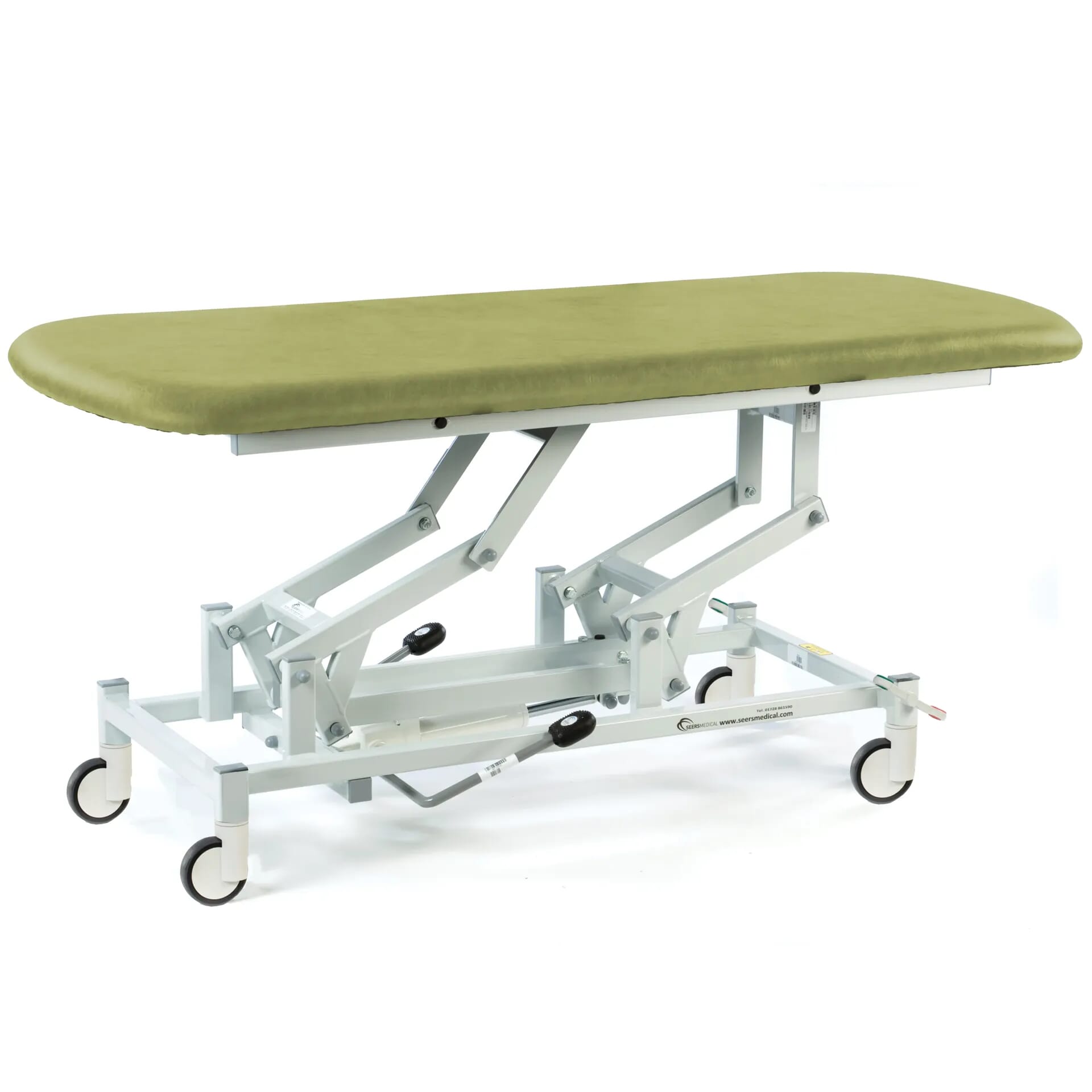 hydraulic therapy hygiene table with central locking wheels olive