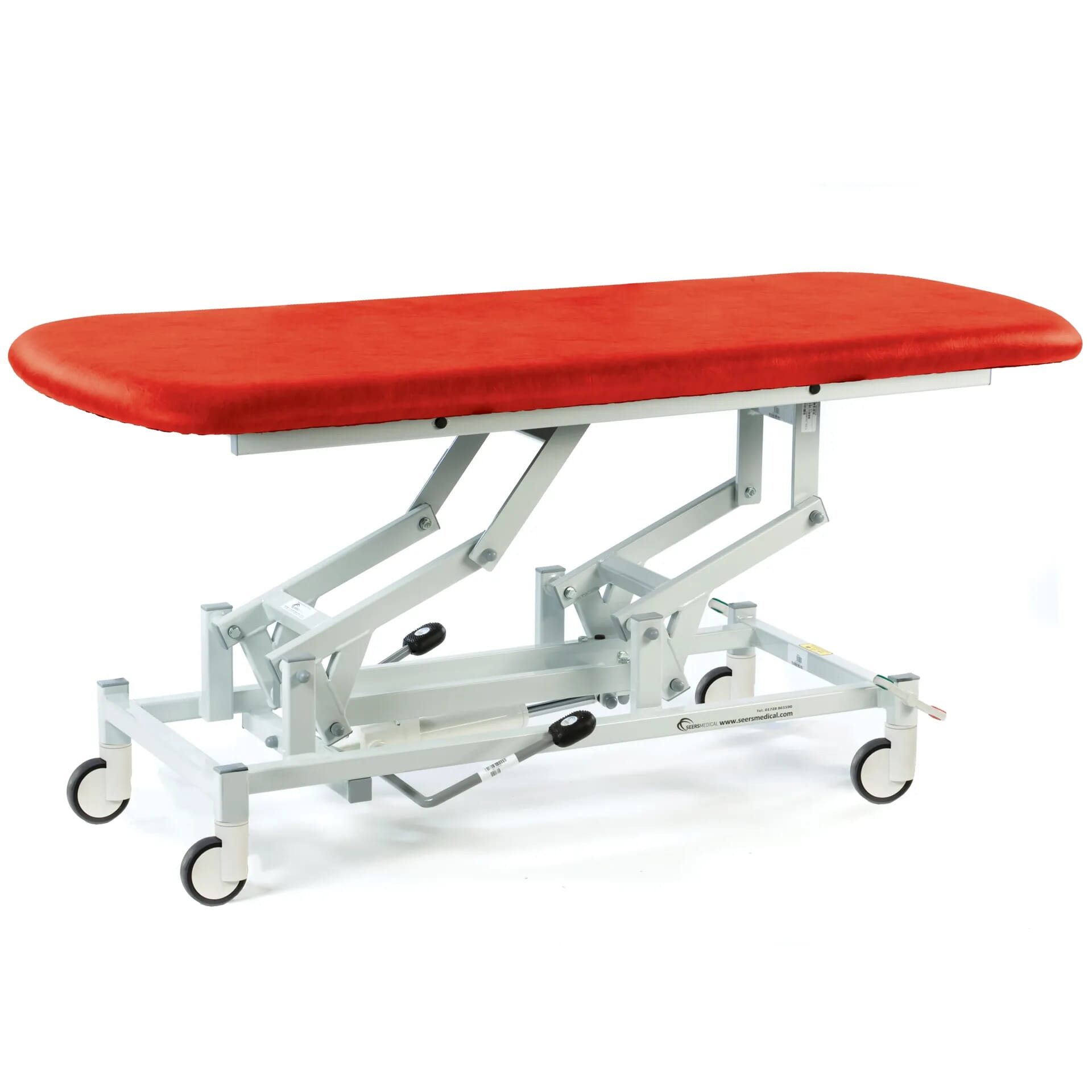 hydraulic therapy hygiene table with central locking wheels red