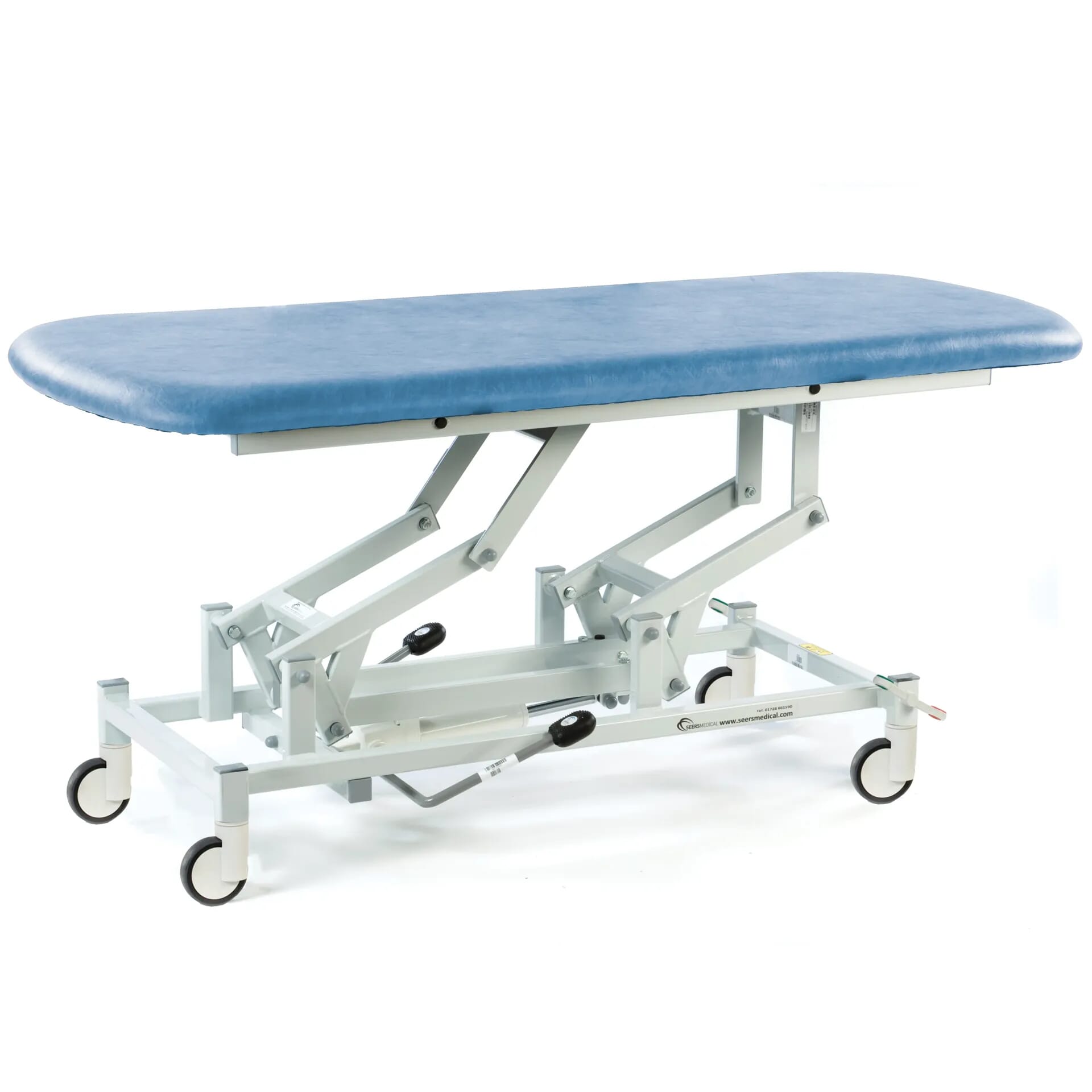 hydraulic therapy hygiene table with central locking wheels sky blue