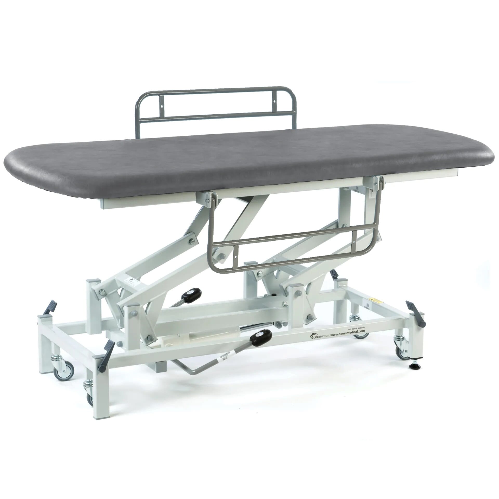 hydraulic therapy hygiene table with retractable wheels and side rails dark grey
