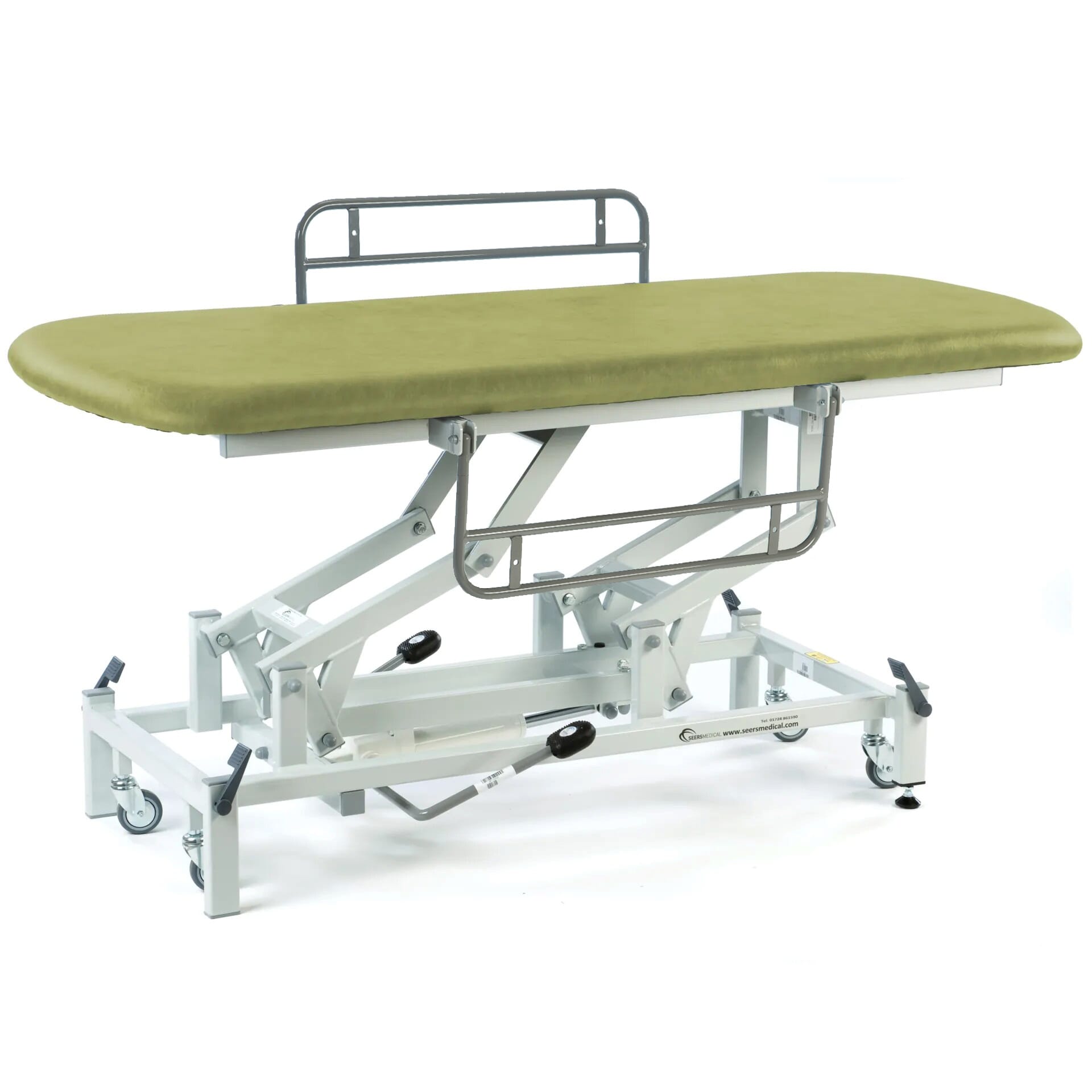 hydraulic therapy hygiene table with retractable wheels and side rails olive