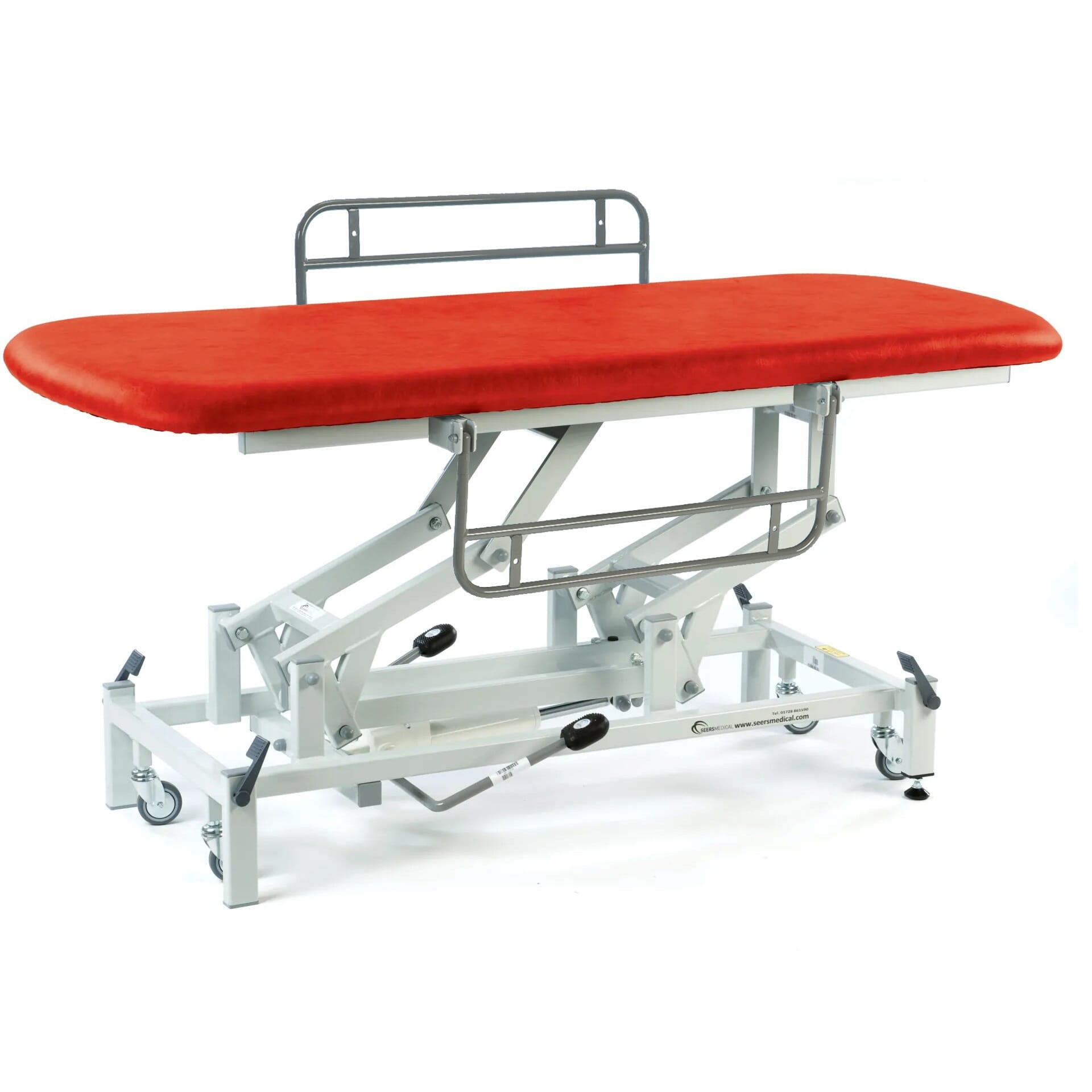 hydraulic therapy hygiene table with retractable wheels and side rails red