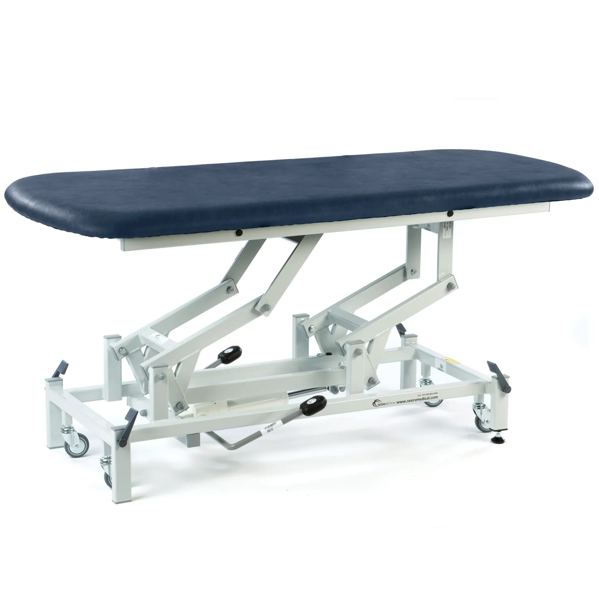 hydraulic therapy hygiene table with retractable wheels dark blue