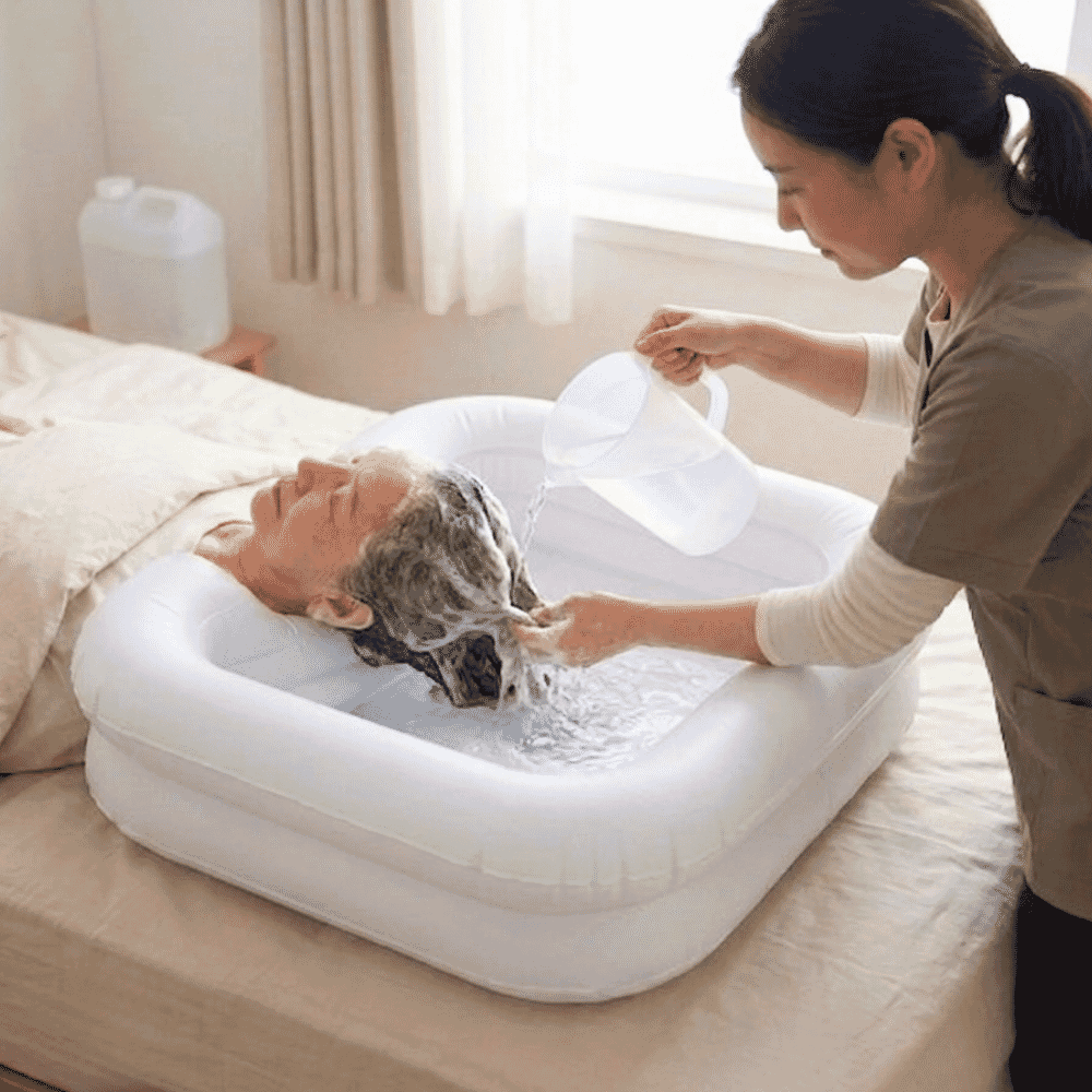 inflatable eco shampoo basin in use