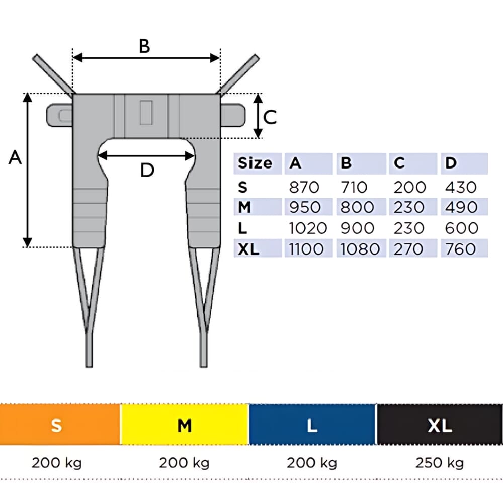 invacare dress toileting sling size chart
