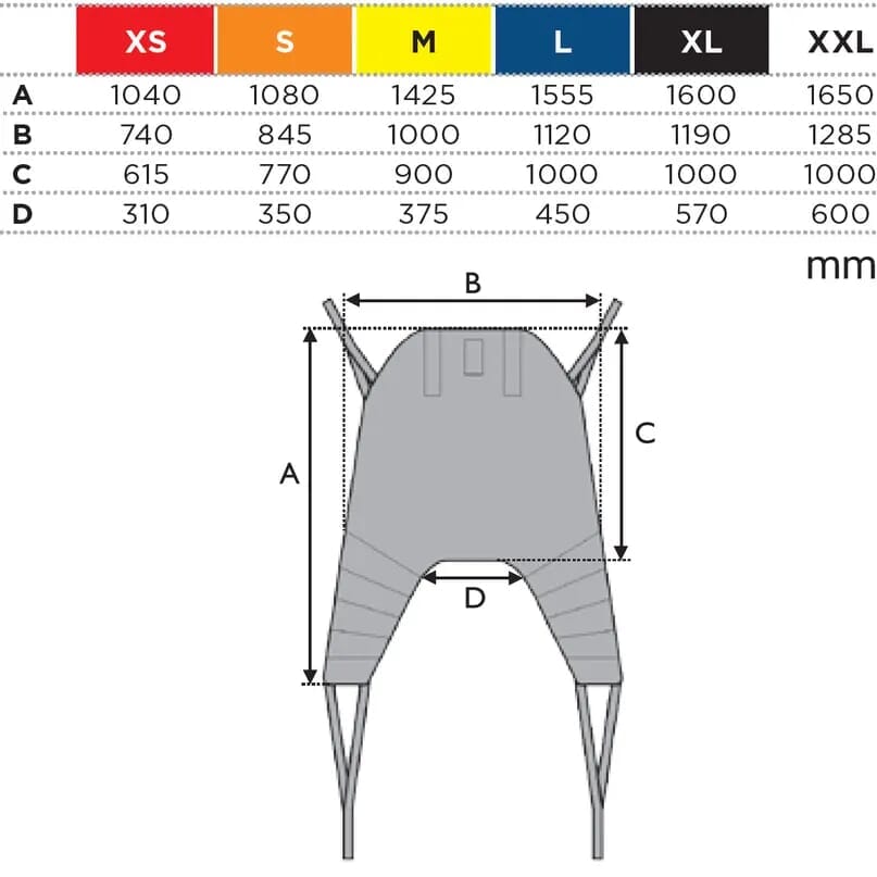 invacare universal high sling size chart