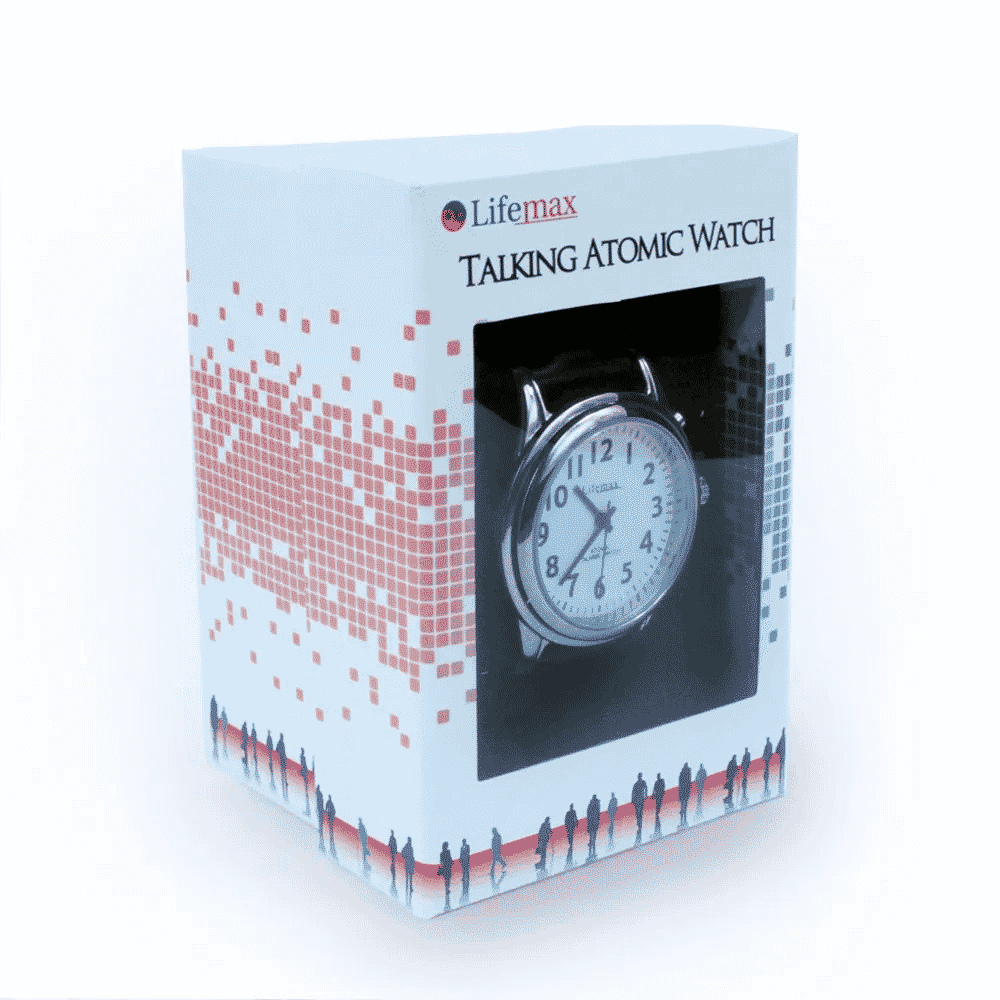 ladies atomic talking watch with leather strap packaged