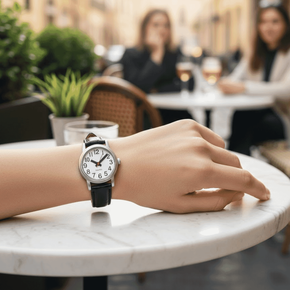 ladies clear time watch on wrist