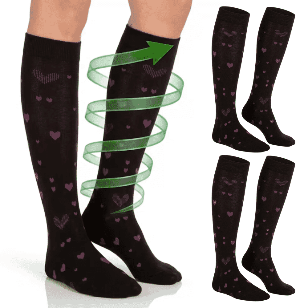 ladies flight socks black with hearts 3 pairs