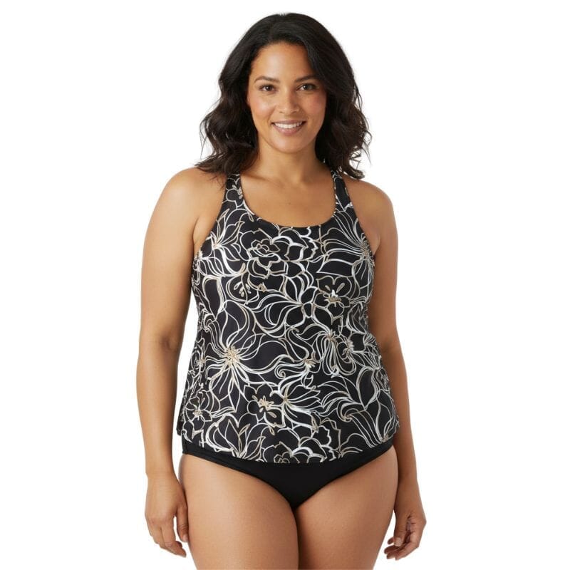 Ladies Incontinence Tankini with Briefs - Black Floral