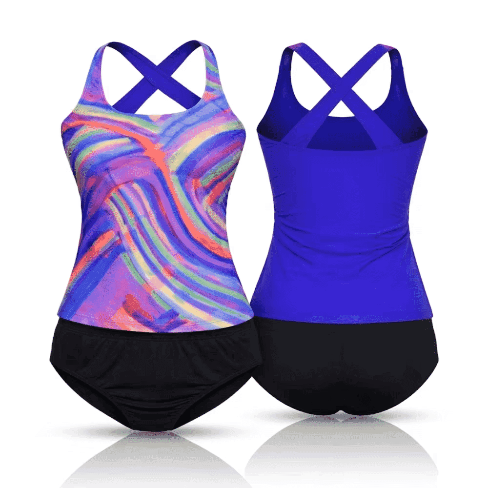 ladies incontinence tankini with briefs blue wave front and back
