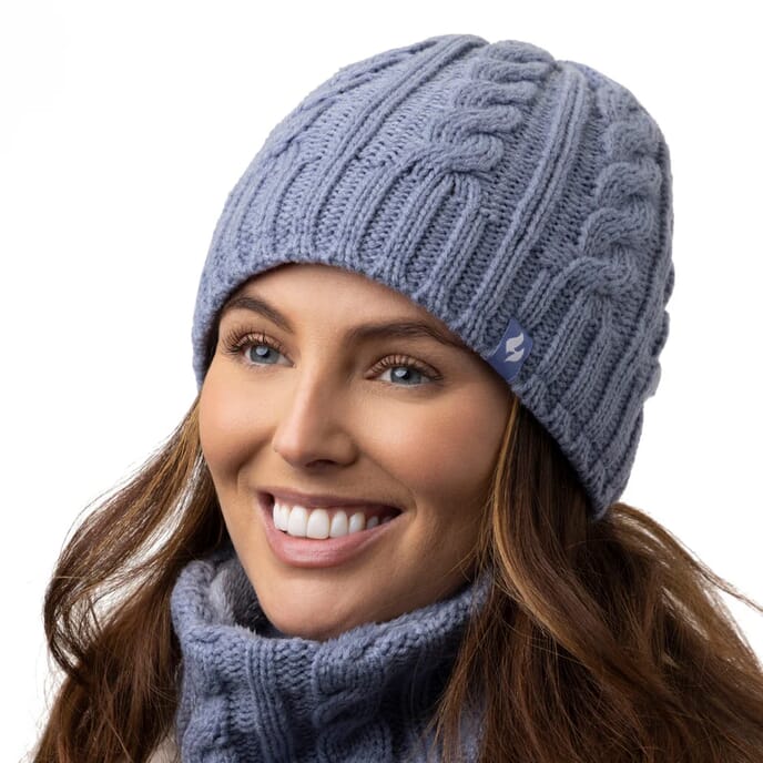 ladies ivie cable hat dusky blue