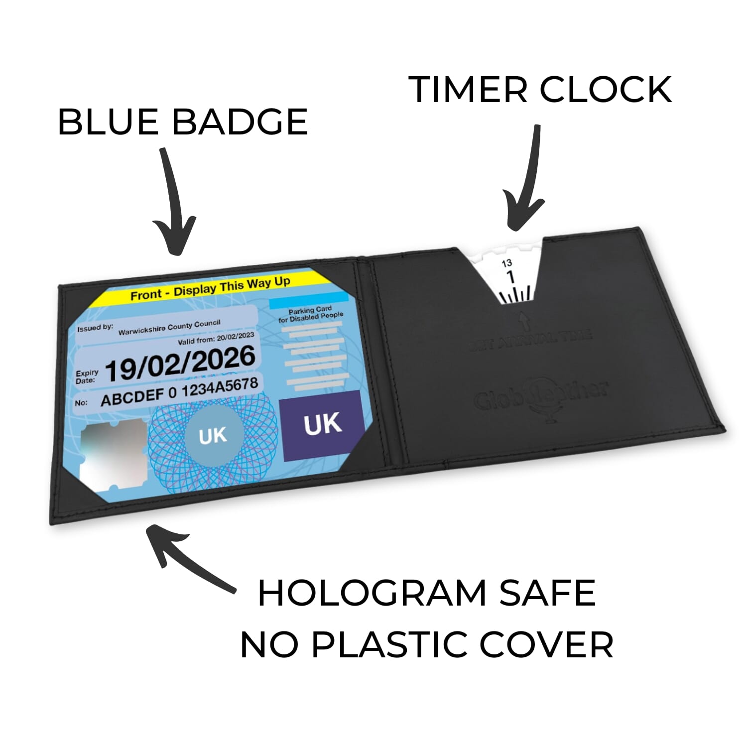 leather blue badge timer clock wallet shown open