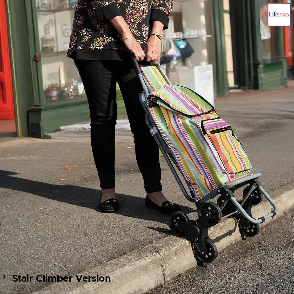 leisure shopping trolley with fold down seat up a kerb