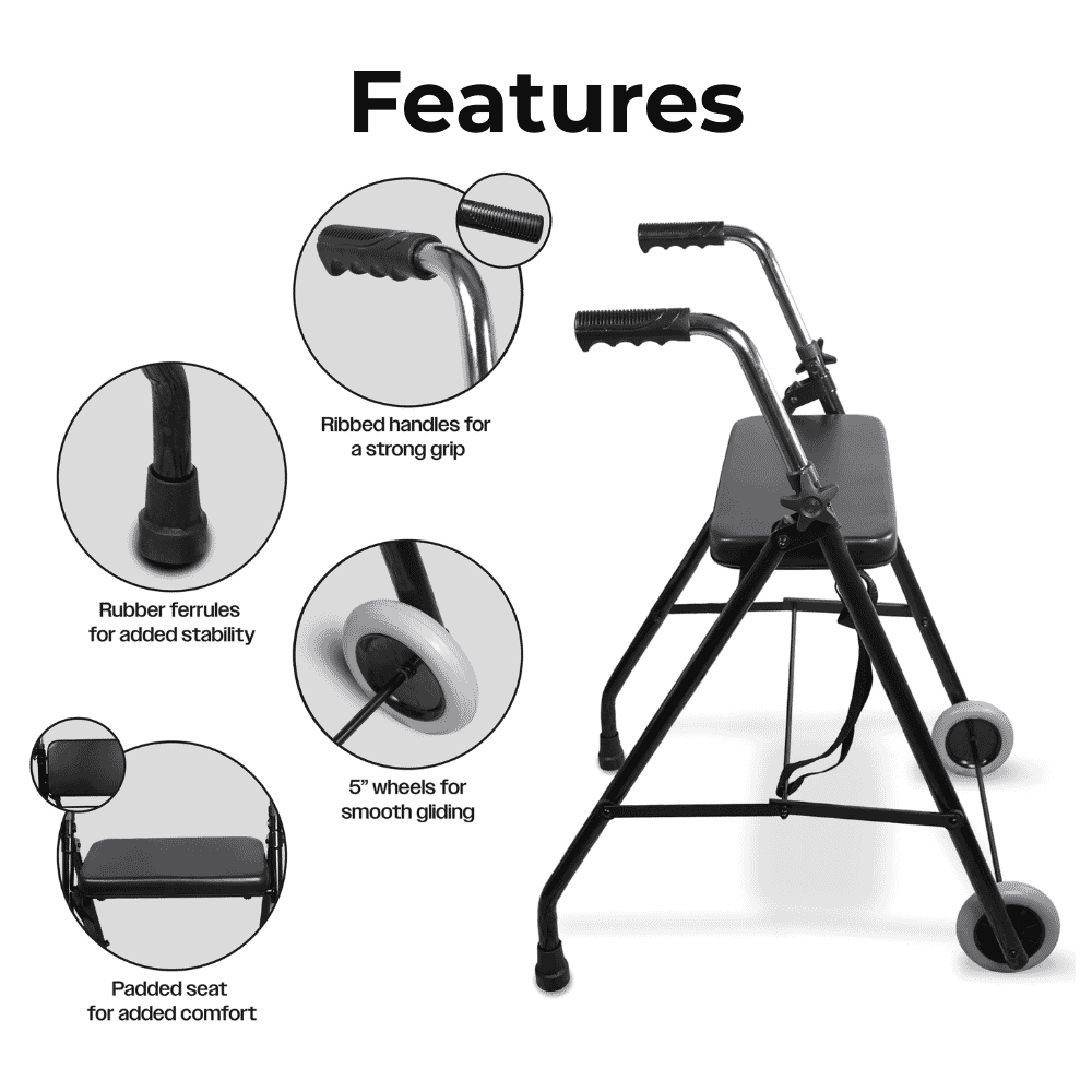 lightweight foldaway wheeled walking frame features