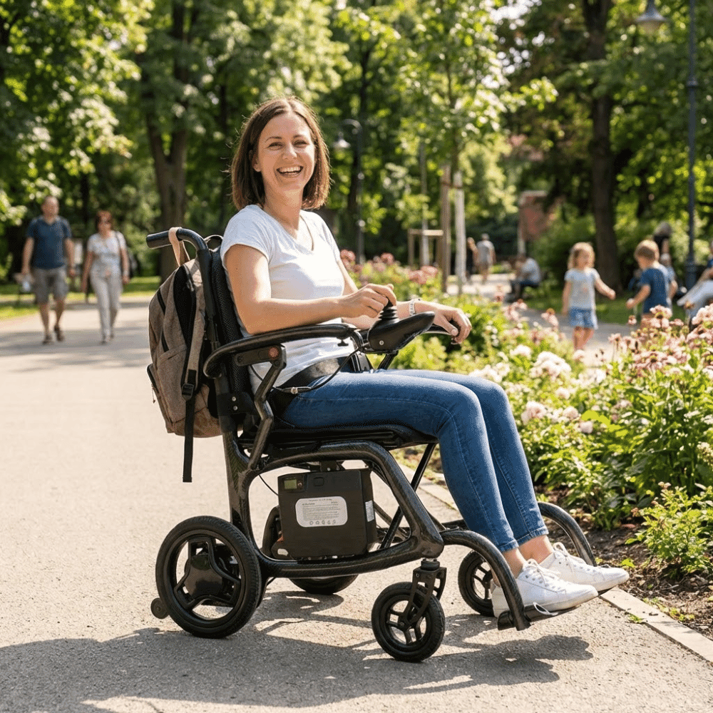 lightweight folding electric wheelchair in use