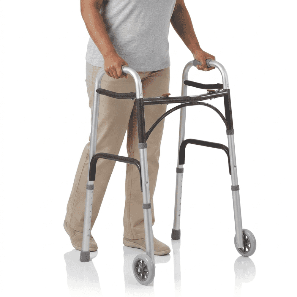 lightweight folding walking frame with wheels in use