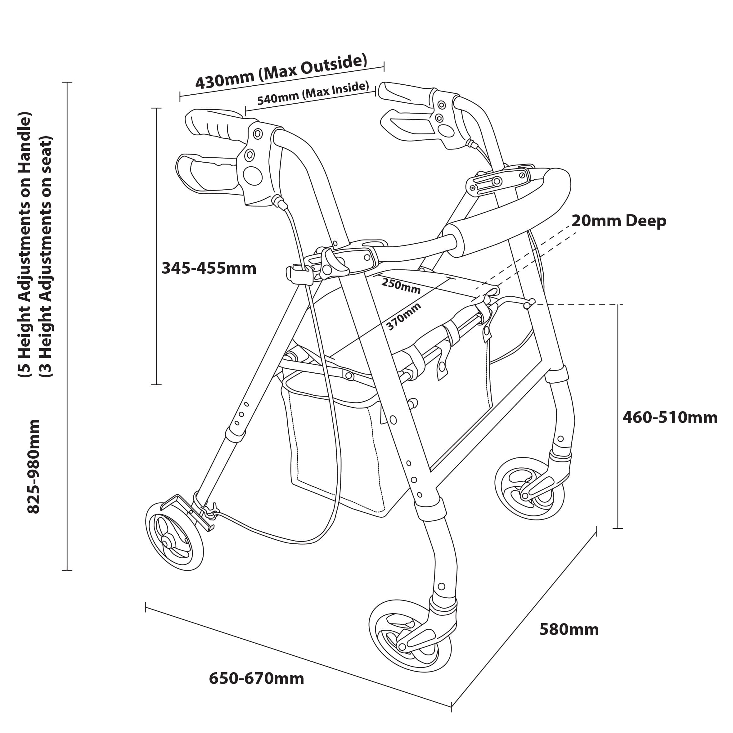 lightweight four wheeled rollator with seat dimensions
