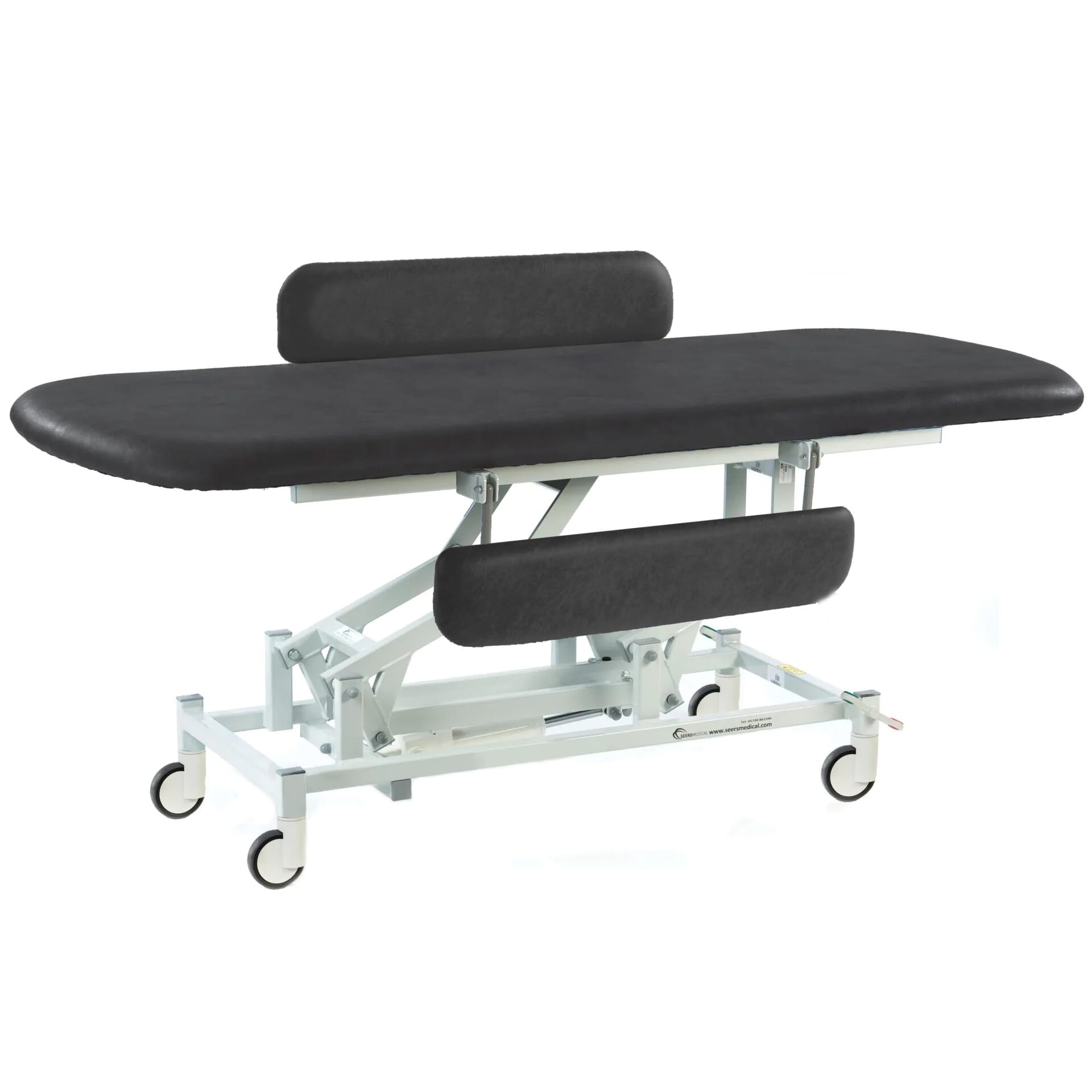 long electric therapy hygiene table with central locking wheels and padded side rails black