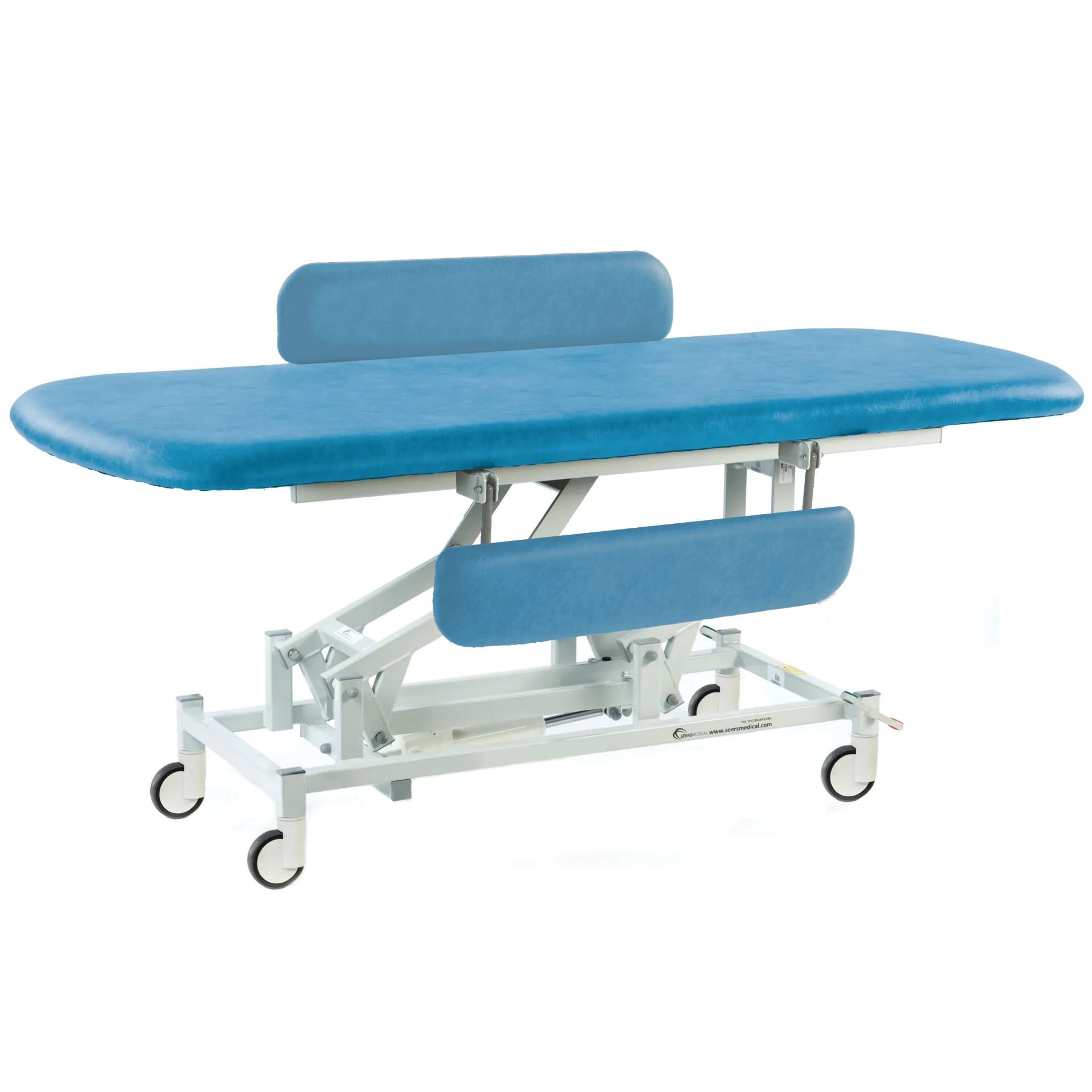 long electric therapy hygiene table with central locking wheels and padded side rails canard