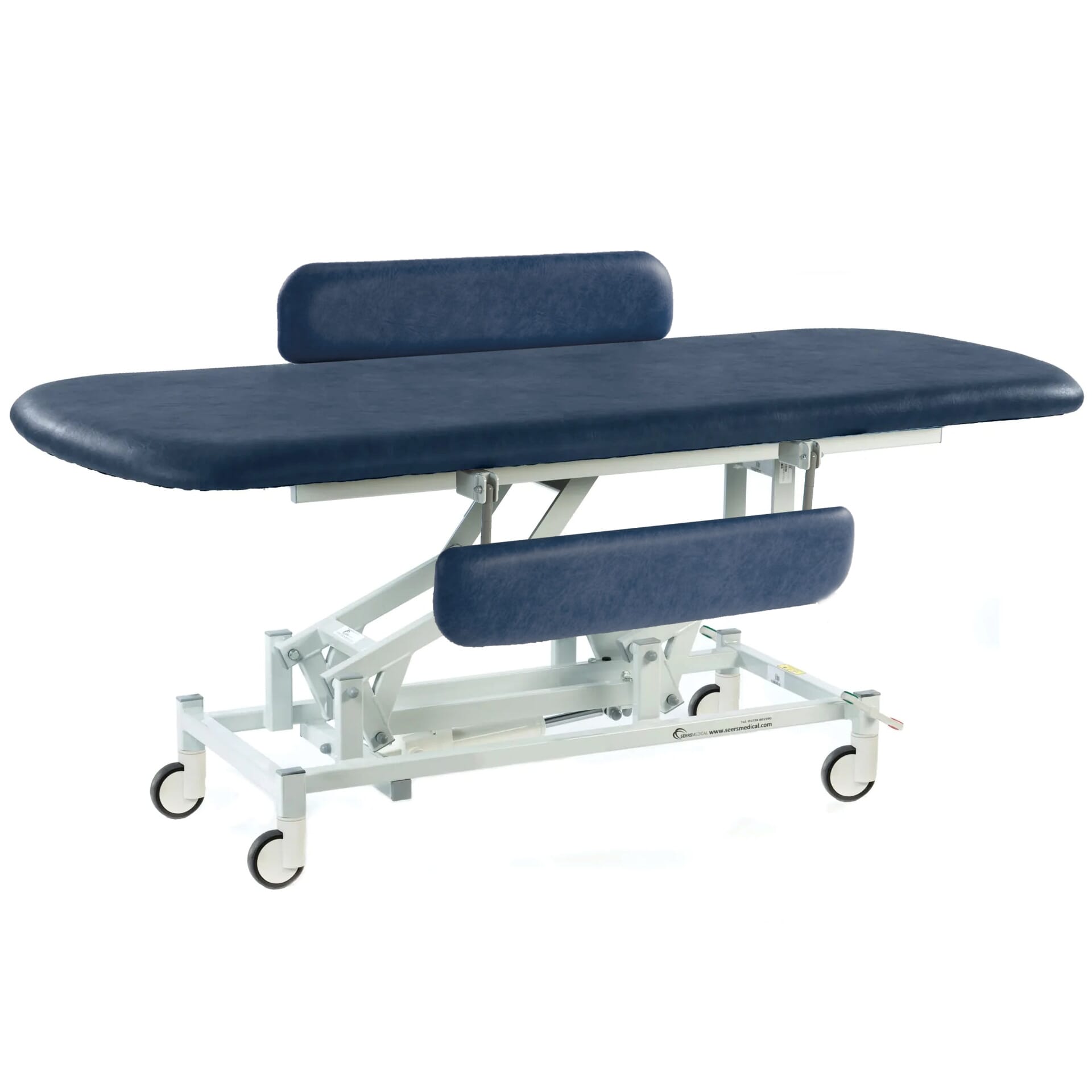 long electric therapy hygiene table with central locking wheels and padded side rails dark blue